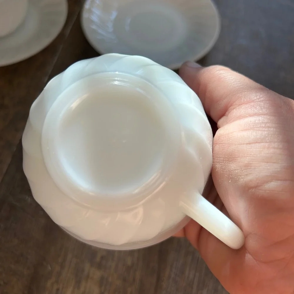 Vintage Fire-King White Swirl Milk Glass Teacup and Saucer Set of 2 MCM USA